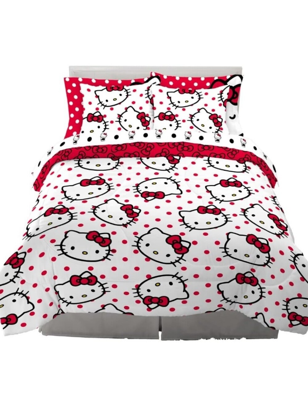 Hello Kitty Polka Dot 7 Piece Super Soft Comforter and Sheet Set Full Reversible